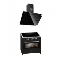 Gurari Induktions Standherd 90 cm in Schwarz E 913 BL+GCH S 411 90 BL PRIME N + Dunstabzugshaube 90 cm