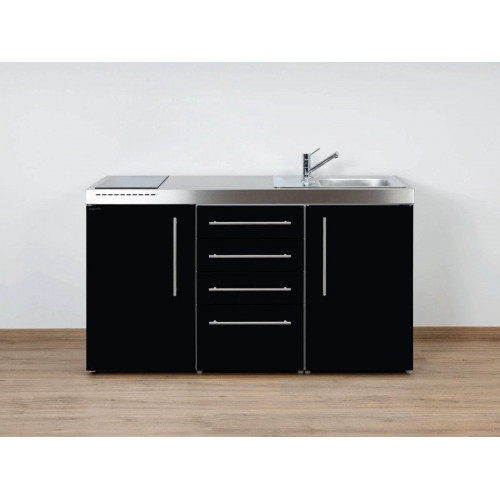 Stengel Miniküche Küchenzeile Premiumline MPS4 150 Schwarz 150cm mit Kühlschrank und 4 Schubladen