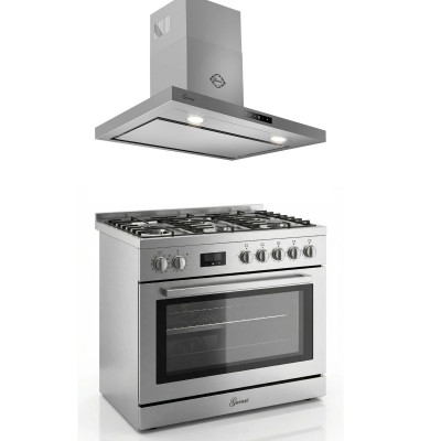 Gurari Gas-Standherd GCH E 818 X  Edelstahl Gas Elektro Standherd 90 cm 126 L +CH 5001 Dunstabzugshaube 90 cm,Edelstahl, Glas, 1000m³/h 