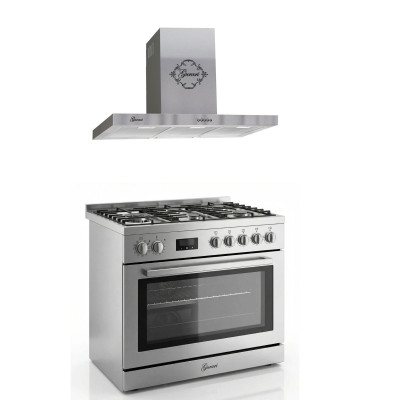 Gurari Gas-Standherd GCH E 818 X Edelstahl Gas Elektro Standherd 90 cm 126 L +GCH 461 IS 9 Dunstabzugshaube 90 cm, 1000m³/h, Edelstahl 
