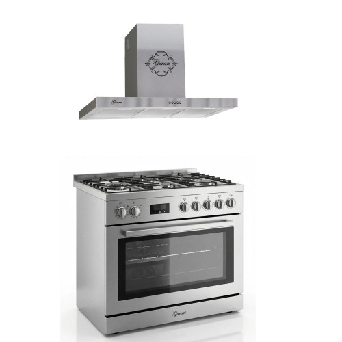 Gurari Gas-Standherd GCH E 818 X Edelstahl Gas Elektro Standherd 90 cm 126 L +GCH 461 IS 9 Dunstabzugshaube 90 cm, 1000m³/h, Edelstahl 