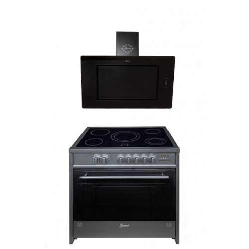 GURARI Elektro-Standherd GCH E 912 BL+GCH S 155 BL 90 Prime, Elektro Standherd 90 cm/ Schwarz/ Range Coocker / 121L /Edelstahl/ 8 Funktionen / Heißluft/ Grill/ 5 Hi-Light Zonen/ Zweikreiszone/Restwärmeanzeige/+Luxus Dunstabzugshaube 90 cm, Schwarz Glas,10