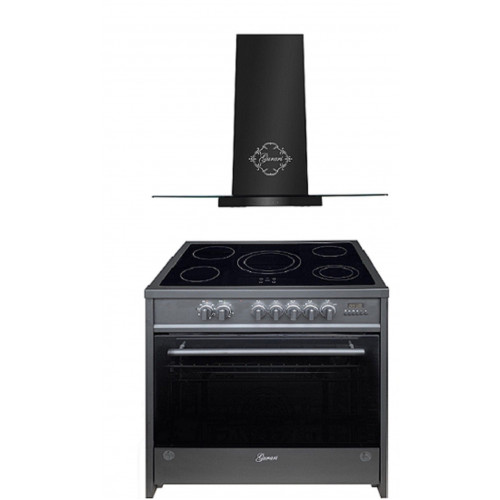 GURARI Elektro-Standherd GCH E 912 BL+GCH T 466 90 BL PRIME, Elektro Standherd 90 cm/ Schwarz/ Range Coocker / 121L /Edelstahl/ 8 Funktionen / Heißluft/ Grill/ 5 Hi-Light Zonen/ Zweikreiszone/Restwärmeanzeige/+Dunstabzugshaube 90 cm 1000m³/h Wandhaube in 