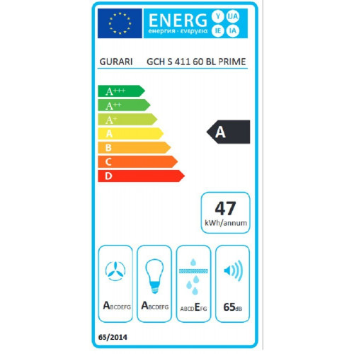 GURARI Kopffreihaube GCH S 411 BL 60 Prime, Dunstabzugshaube 60 cm, Schwarz Glas,1000m³/h