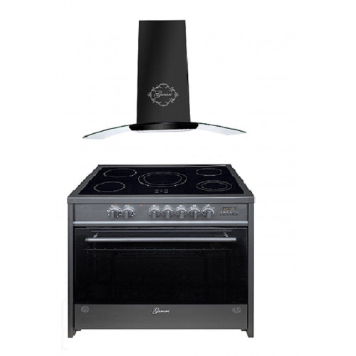 GURARI Elektro-Standherd GCH E 912 BL+GCH T 465 90 BL PRIME, Elektro Standherd 90 cm/ Schwarz/ Range Coocker / 121L /Edelstahl/ 8 Funktionen / Heißluft/ Grill/ 5 Hi-Light Zonen/ Zweikreiszone/Restwärmeanzeige/+Dunstabzugshaube 90 cm 1000m³/h Wandhaube in 