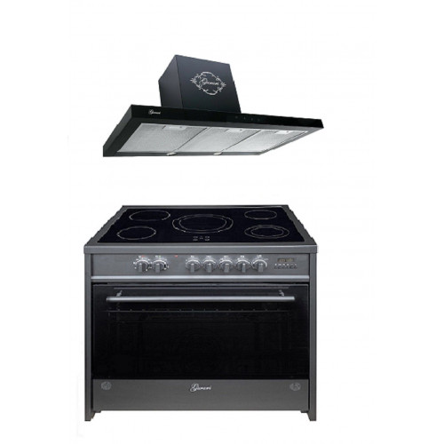 GURARI Elektro-Standherd GCH E 912 BL+GCH 462 BL 9 Prime, Elektro Standherd 90 cm/ Schwarz/ Range Coocker / 121L /Edelstahl/ 8 Funktionen / Heißluft/ Grill/ 5 Hi-Light Zonen/ Zweikreiszone/Restwärmeanzeige/+Dunstabzugshaube 90 cm/ Schwarz- Schwarz Glasfro